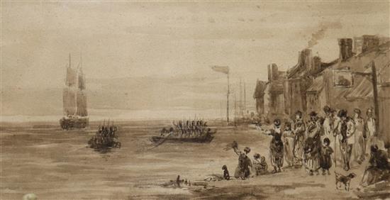 Attributed to Thomas Lound (1802-1861), monochrome watercolour, coastal village scene with troops departing